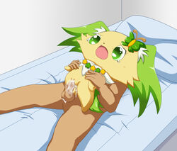 1boy 1girls bed canine censored cum cum_inside duo faceless_male female green_eyes interspecies jewelpet jewelpet_(species) male mosaic_censoring on_back penetration peridot_(jewelpet) sex size_difference tearing_up vaginal_penetration zoophilia