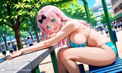 1girls ai_generated bench big_breasts bikini breasts building casual city crowd encoder female fujiwara_chika hanging_breasts kaguya-sama_wa_kokurasetai_~tensai-tachi_no_renai_zunousen~ leaning_on_table long_hair looking_at_viewer outdoors outside pink_hair school school_uniform schoolgirl sfw side_view sideboob sitting sitting_on_bench smile smiling street swimsuit table tree