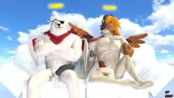 3d_(artwork) angel anthro arm_tattoo balls bear crossed_arms digital_media_(artwork) domestic_cat duo epic_games eye_patch eyewear feathered_wings feathers felid feline felis fortnite furniture genitals halo hi_res humanoid_genitalia humanoid_penis male male/male mammal meowscles_(fortnite) muscular muscular_male nude penis polar_bear polar_patroller purradise_meowscles sitting sky sky_chaser smile sofa source_filmmaker_(artwork) tattoo ursine wings