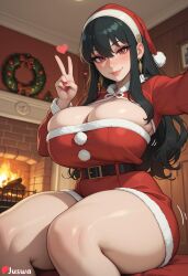 1girl 1girls ai_art ai_generated bangs black_belt black_hair blush bosom breasts cabin capelet christmas cleavage cleft_of_venus closed cosplay costume curvaceous curvy curvy_figure cute cutout dress earrings female female_only fire fireplace freckles fur gold_earrings golden_earrings hair hairband hat heart huge huge_ass huge_breasts indoors jewelry juswa large_ass large_breasts lips long looking_at_viewer mouth nail nails patreon polish pom pretty_face red_clothes red_clothing red_dress red_eyes santa santa_costume santa_dress santa_hat self-upload self_upload selfie sidelocks sitting smile smiling_at_viewer sole_female solo spy_x_family thicc thick thick_thighs thighs trim username viewer voluptuous yor_briar