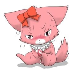 1girls after_sex angry blush bow clitoris cum cum_in_pussy cum_inside female female_only feral garnet_(jewelpet) jewelpet jewelpet_(species) pearl_necklace pink_eyes pink_fur pussy sitting solo white_background