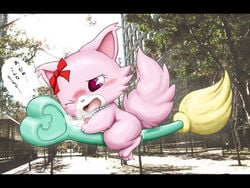 1girls ahe_gao blush bow breath broom feline female female_only feral garnet_(jewelpet) humping japanese_text jewelpet jewelpet_(species) one_eye_closed open_mouth pearl_necklace pink_eyes pink_fur pussy_juice solo text