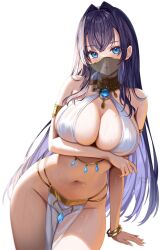 alternate_costume blue_eyes blue_hair bracelet breasts cleavage detached_sleeves female_only gem harem_outfit hololive hololive_english large_breasts loincloth long_hair mafukkoin navel ouro_kronii pelvic_curtain see-through solo stomach veil virtual_youtuber