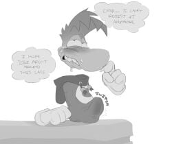 anthro bed biting_own_lip blush boner boner_under_clothes clothing english_text gloves grayscale horny humanoid implied_exhibitionism male_only rayman rayman_(series) sweat thinking thought_bubble tight_clothing twitching_penis ubisoft unfinished work_in_progress