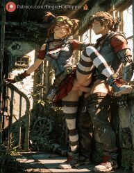 1boy ai_generated brown_hair clothed_sex female fingerhotpepper gloves goggles goggles_on_head green_eyes no_panties penis pussy sex skirt steampunk straight striped thighhighs torn_clothes torn_legwear torn_pants uncensored vaginal_penetration