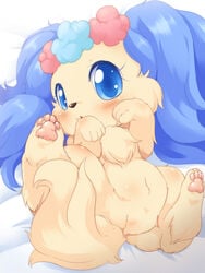 1girls bed_sheet big_eyes blue_eyes blue_hair blush canine cute female female_only feral furry jewelpet jewelpet_(species) lying on_back pawpads paws pussy sapphie_(jewelpet) shy solo spread_legs spreading white_background yellow_fur