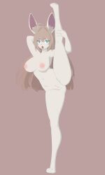 2025 4_toes 5_fingers absurd_res anthro areola arms_bent bangs big_breasts blue_eyes breasts brown_background brown_hair cel_shading colored digital_drawing_(artwork) digital_media_(artwork) elcastorblanco english_description eyebrow_through_hair eyebrows eyelashes eyelashes_through_hair feet felicity_(mr.opossum) female female_anthro fingers fur genitals grey_inner_ear_fluff hair hand_behind_head hi_res holding_leg inner_ear_fluff lagomorph leporid long_ears long_hair looking_at_viewer mammal navel nipples nude nude_anthro nude_female open_mouth pink_areola pink_nipples pink_nose presenting presenting_vulva purple_inner_ear rabbit red_tongue shaded simple_background small_nose solo standing stretching toes tongue tongue_out translucent translucent_hair tuft vulva white_body white_fur