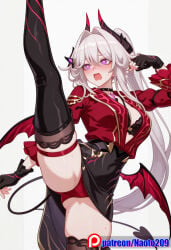 1girls ai_generated black_bra black_skirt devil_tail horn naotopanchira panties pantyshot pencil_skirt purple_eyes red_jacket solo_focus succubus thelema thelema_(honkai_impact) thelema_nutriscu upskirt white_hair