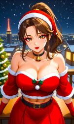 1girls abs ai_generated babe balcony bare_hips beautiful bell belt breakers breakers_revenge bridal_gauntlets brown_ponytail busty_female christmas city curvaceous eyelashes eyeshadow fantasy hazel_eyes imminent_sex lipstick looking_at_viewer lovely muscular_female night off_shoulder santa_costume santa_hat seductive seductive_eyes sexy skirt smiling_at_viewer snk snow stable_diffusion technos tia_langray video_game video_game_character waifu_material wood