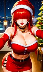 1woman ai_generated bangs beautiful billiemi02 buildings busty christmas christmas_decorations christmas_outfit christmas_tree cityscape curvy earrings female gift hair_covering_eyes hot inviting king_of_fighters lantern large_breasts lipstick miniskirt model modeling night_sky posing red_hair santa_girl santa_hat seductive seductive_pose sexy shermie_(kof) snk snk_heroines:_tag_team_frenzy solo_focus stable_diffusion upper_floor voluptuous_female wooden_floor