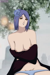 1girls blue_hair breasts clothed clothed_female clothing color colored darkalx erect_nipples female female_only hair_flower human hyuga konan lip_piercing naruto naruto_shippuden nipples panties short_hair solo