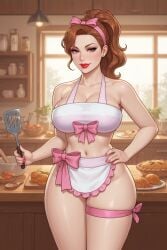 1girls ai_generated apron bakery bow chef chef_apron cooking cupcake eyeshadow ginger_hair hairband hairband_bow holding_object holding_spoon holding_utensil housewife kitchen_utensils large_breasts lipstick milf one_hand_on_hip pie pinup_(style) ponytail revealing_clothes rgomez007 spatula spoon stable_diffusion table thighband tray wide_hips window