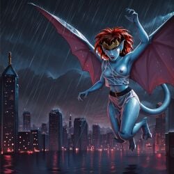 ai_generated areolae armpit belt blue_body blue_skin breasts building city city_background city_lights cityscape claws cloud cloudy_sky crop_top crown demona disney earrings exposed_breasts fantasy female female_focus female_only flying gargoyle gargoyles loincloth midriff monster_girl night nipples one_breast_out partially_clothed partially_clothed_female pointy_ears rain raining red_eyes red_hair red_lips red_lipstick see-through see-through_clothes see-through_clothing see-through_shirt see-through_top solo solo_female tail thighs transparent_clothing urban uzzlegorf water wet wet_body wet_clothes wet_clothing wet_hair wet_shirt wet_skin white_crop_top wings