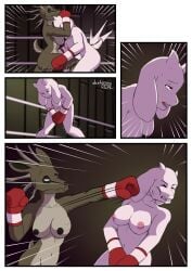 2020 2girls anthro attack between_breasts boss_monster_(undertale) boxing boxing_gloves boxing_gloves_only boxing_ring breasts clothing comic crotch_attack crotch_kick dark_nipples deathzera digital_media_(artwork) duo face_between_breasts female female/female female_only fight fighting_ring fur genital_torture genitals gloves hands_between_legs handwear hi_res kick knee_to_crotch mammal mature_female nipples nude nude_boxing part_of_a_set punch red_boxing_gloves red_eyes red_gloves specimen_8 spooky's_jump_scare_mansion sport toriel tremble_spikes undertale undertale_(series) white_body white_fur