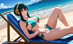 1girls ai_generated barefoot beach bikini breasts encoder female hair_ornament looking_at_viewer lounge_chair medium_breasts nature outdoors public sand sea sfw side_view sideboob smile smiling spy_x_family swimsuit waves yor_briar yor_forger