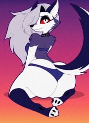ass big_ass big_butt bikini black_bikini bottom_heavy canine canine_humanoid collar demon fur furry furry_female grey_fur grey_hair hellhound helluva_boss huge_ass huge_butt long_hair looking_at_viewer looking_back loona loona_(helluva_boss) red_eyes tail tonyneely white_fur