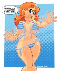 1girls 2024 anime_style band bathing bathroom big_breasts bikini bikini_aside bikini_bottom bikini_top blue_head blue_headband blue_shorts breasts character_name cleavage clothing comic curvy_female dynamic_pose energetic_expression english_text female female_focus freckles front_view hips_wider_than_shoulders keyla_(patatadave) long_hair looking_to_the_side midriff mirror mirror_reflection mirror_selfie no_penetration oc open_mouth orange_hair orange_jacket orange_shoes original_character patata_dave presenting presenting_breasts presenting_hindquarters sexy_body sfw short_shorts sleeveless_top smiling solo sporty_outfit thick_legs thick_legsthick_thighswavy_hairwide_hips thick_thighs two-way_mirror wavy_hair wet wet_body wet_skin wide_hips