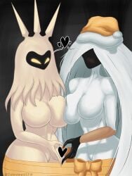 absurd_res big_breasts black_face black_hands bow_ribbon breasts christmas christmas_clothing christmas_headwear clothing dehromansfw duo featureless_breasts featureless_face female female/female fur glowing glowing_eyes grand_mother_silk hair hat headgear headwear heart_symbol hi_res holidays hollow_knight hollow_knight:_silksong hollow_knight_(franchise) humanoid long_hair nude nude_female pale_skin radiance_(hollow_knight) ribbons santa_hat shaded team_cherry white_body white_hair white_skin yellow_eyes
