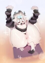 2024 4_toes anthro black_nails black_nose bodily_fluids breasts butt_tuft camel_toe canid canine canis cleavage clothed clothing colored_nails dated digital_media_(artwork) domestic_dog eyewear feet feet_up female fur genitals glasses hair hi_res leggings legs_up legwear lying mammal motion_lines nails narrowed_eyes on_back paws round_glasses skimpy solo sparkles steam stretching sweat tail thick_thighs toes tuft ulitochka vulva white_body white_fur white_hair yoga yoga_mat
