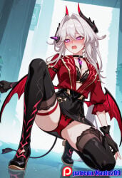 1girls ai_generated black_bra black_skirt devil_tail horn naotopanchira panties pantyshot pencil_skirt purple_eyes red_jacket solo_focus succubus thelema thelema_(honkai_impact) thelema_nutriscu upskirt white_hair