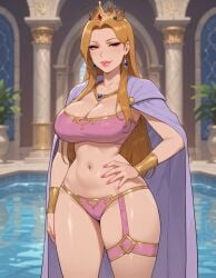 1girls ai_generated bikini_armor cloak crown earrings ginger_hair gold_bracelet jewelry long_hair necklace one_hand_on_hip poolside queen rgomez007 royalty stable_diffusion thick_thighs thighlet wide_hips