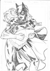 andre_pinheiro barbara_gordon batgirl batman_(series) breasts cape clothed clothed_female clothing cowl dc dc_comics erect_nipples female human long_hair mask monochrome nipple_pinch nipples open_mouth solo