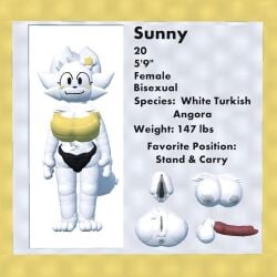 1girls 3d 3d_(artwork) 4_toes anthro anthro_female anthro_only anus areola areolae asshole balls ballsack belly_button big_tail black_panties black_text blush blush_lines boner breasts canine_genitalia canine_penis cat_girl catgirl character_sheet chest_tuft clothed clothed_anthro clothed_female cock dick disembodied_penis erect_penis erection feline feline_humanoid female flower_in_hair furry furry_female furry_only grey_areola grey_pawpads high_quality knotted_penis model model_sheet open_pussy panties pawpads paws penis pussy rec_room red_penis self_upload shaded shirt simple_eyes simple_face solo solo_anthro solo_female statistics sunny_(melodynotmel) syntholsoul tail tank_top text vagina white_balls white_body white_fur white_skin yellow_border yellow_shirt yellow_tank_top