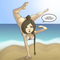 1girls ass avatar_the_last_airbender beach bikini bottomless breasts color english_text female female_only handstand hellahellastyle human large_breasts light_skin outdoors skin solo speech speech_bubble straight_hair swimsuit text ty_lee