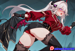 1girls ai_generated black_bra black_skirt devil_tail horn naotopanchira panties pantyshot pencil_skirt purple_eyes red_jacket solo_focus succubus thelema thelema_(honkai_impact) thelema_nutriscu upskirt white_hair