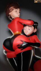 2girls 3d 3d_(artwork) ass ass_focus ass_worship backboob big_ass biting_lip biting_own_lip black_hair bodysuit brown_eyes brown_hair bubble_ass bubble_butt daughter female female_face_near_ass female_only grabbing_ass half-closed_eyes hands_on_ass hands_on_head head_on_ass helen_parr huge_ass latex long_hair looking_back mature mature_female mature_woman milf mother mother_and_daughter outfit purple_eyes short_hair smitty34 superhero_costume superheroine teeth the_incredibles thick_thighs thighs violet_parr yuri