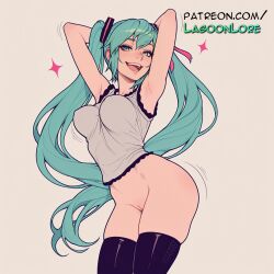 ai_generated aqua_eyes aqua_hair armpits arms_up artist_name bottomless breasts bust chest clitoral_hood exposed_pussy female gradient hatsune_miku hi_res highres juicy_pussy lagoonlore long_hair open_mouth patreon patreon_username pussy smile solo sparkle sparkle_background thighhighs tight_pussy twintails vagina very_long_hair vocaloid watermark