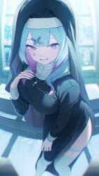 1girls aqua_hair blue_eyes breasts chromatic_aberration church cross cross_necklace dress female_only hatsune_miku heart heart_shaped_pupils indoors jewelry large_breasts long_hair multicolored_hair necklace nun nun's_habit nun_hat nundi purple_hair rabbit_hole_(vocaloid) smile solo solo_female symbol-shaped_pupils teardrop_facial_mark thighhighs vocaloid white_thighhighs