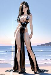 1girls ai_generated beach belly belly_button breasts cleavage darkeffect dress female female_focus female_only high_heels lips navel ocean outdoors petite petite_body petite_female sand shiny_skin solo solo_female solo_focus thin thin_female