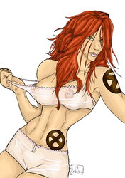 bra breasts butcher20 clothed female green_eyes jean_grey marvel nipples panties patrick_butcher pussy red_hair see-through see-through_bra see-through_panties tattoo x-men