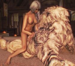 1girls 3d bethesda_softworks breasts cowgirl_position duo female female_on_feral feral frost_troll grey_hair imminent_sex indoors mod monster naked nipples nude skyrim the_elder_scrolls troll white_fur