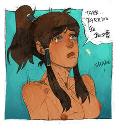 1girls areolae avatar_legends blue_eyes breasts brown_hair comic dark-skinned_female dark_skin female female_focus female_only human korra looking_up medium_breasts nipples polapaz123 smooth_skin solo solo_female solo_focus sweat the_avatar the_legend_of_korra translation_request water_tribe