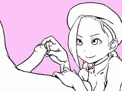 animated beret blinking braid cammy_white female foreskin foreskin_play hagaa handjob hat human long_hair male monochrome penis pink_background smile straight street_fighter