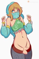 1boy alternate_costume androgynous animated animated_gif blue_eyes breath_of_the_wild canon_crossdressing causticcrayon crossdressing dirty_blonde_hair erection femboy foreskin frame_by_frame gerudo_link gerudo_sirwal gerudo_top gerudo_veil girly link link_(breath_of_the_wild) male male_only medium_hair navel nervous nintendo penis presenting_balls presenting_penis swinging_balls swinging_penis testicles the_legend_of_zelda trap uncut white_background