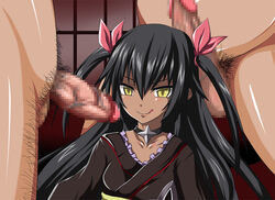 1girls 2boys censored dark-skinned_female dark_skin female kimono licking_lips master_nemesis penis tagme to_love-ru yellow_eyes