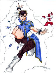 1boy 1girls 2010 assisted_exposure breasts breasts_out bun_cover capcom chinese_clothes chun-li color erect_nipples female female_focus fighting_stance hair_bun hair_ornament male nipples original_character partially_clothed spiked_bracelet street_fighter surprised wayne_miller