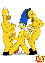 blue_hair breasts color cum female hair handjob homer_simpson human kneeling male marge_simpson multiple_males nipples nude penis straight tagme testicles the_simpsons vulva xl-toons.com yellow_skin