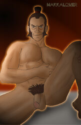 1boy admiral_zhao avatar_the_last_airbender brown_eyes brown_hair color flaccid human looking_at_viewer male male_focus male_only male_pubic_hair muscular muscular_male naked nude penis pubic_hair sideburns smirk solo solo_focus solo_male spread_legs testicles topknot uncensored wakkalover