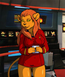 alien anthro anthro_only bottomless caitian_(species) dktorzi female furry humanoid orange_fur red_shirt shiboline_m'ress ships_bridge star_trek star_trek_the_animated_series starfleet_insignia starfleet_uniform tail yellow_sclera