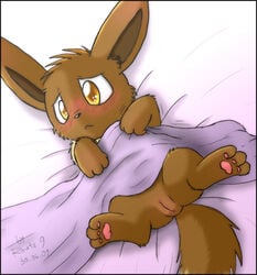 3_toes bed black_nose blanket blush brown_eyes brown_fur closed_mouth color eevee eeveelution female female_only feral front_view fur furry_ears furry_tail hindpaw lying nintendo on_back open_eyes paws pokemon pokemon_(species) pussy route9 shy solo tail uncensored video_games vulva