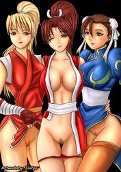 3girls blonde_hair breasts brown_hair chun-li crossover earrings fatal_fury female female_only final_fight human king_of_fighters mai_shiranui maki_genryusai multiple_girls nipples pubic_hair pussy street_fighter vagina wink zairyo