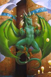 anthro breasts closed_eyes dragon female green_body horn nipples nude pussy scale_(artist) solo spread_legs spreading wings