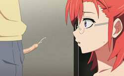 ano_natsu_de_matteru blue_eyes censored cum ejaculation erection female glasses handsfree_ejaculation little_penis long_hair male penis red_hair small_penis surprised takatsuki_ichika