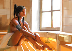 1girls armband avatar_legends black_hair breasts brown_skin closed_eyes color dark-skinned_female dark_skin day female female_only hair human indoors ivan_sivak korra long_hair medium_breasts nipples painterly realistic_anatomy sitting solo straight_hair the_avatar the_legend_of_korra water_tribe window