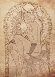 1girls areolae blonde_hair breasts color elf elf_ears elf_female female female_only looking_at_viewer nipples nude nude_female sion-ra sitting solo solo_female tagme