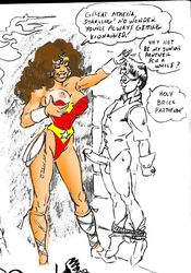 age_difference aroused batman_(series) bondage bottomless brunette dc dc_comics dick_grayson erection female kidnapped long_hair male nipples penis robin_(dc) robin_(dick_grayson) sandals size_difference slid smile tagme unfinished wip wonder_woman wonder_woman_(series)